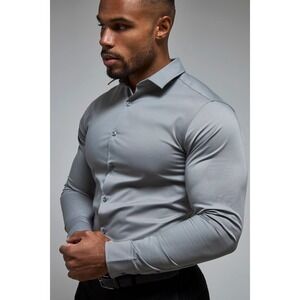 Tailored Athlete Essential Dress Shirt Mens Medium Grey Muscle Fit Long Sleeve